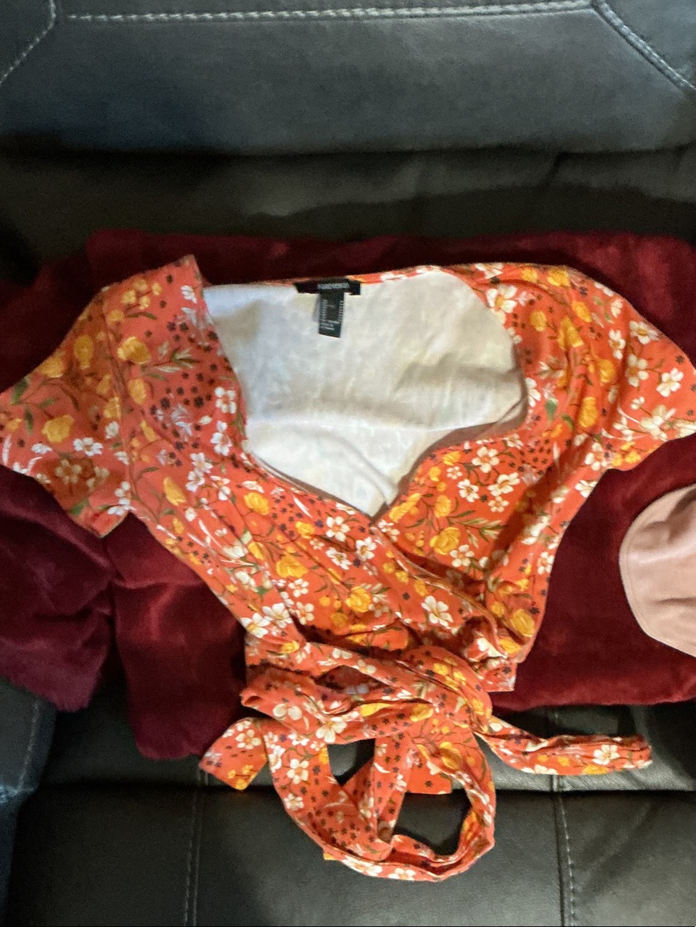 Forever 21 Orange Floral Wrap Blouse